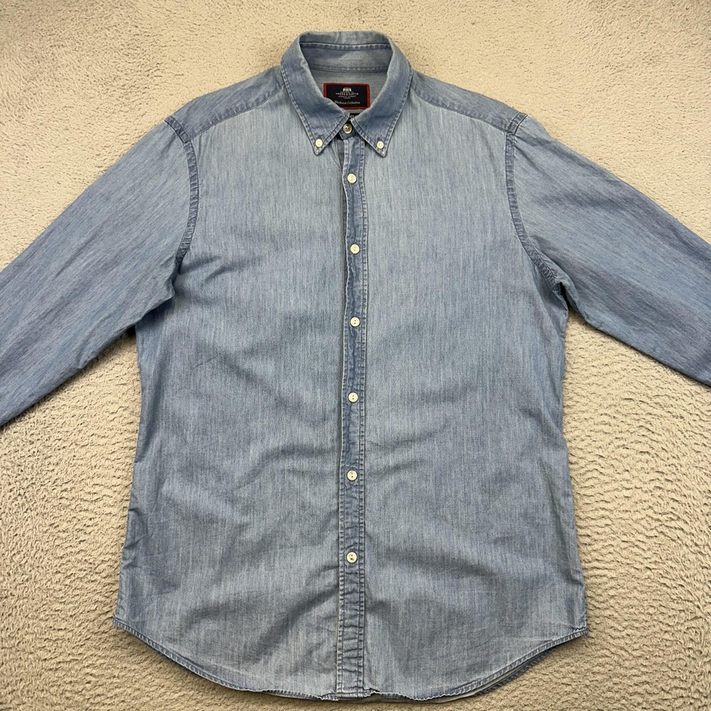Hawes & Curtis Shirt Mens Medium Blue Chambray Button Down Slim Fit Long Sleeve - Picture 3 of 13